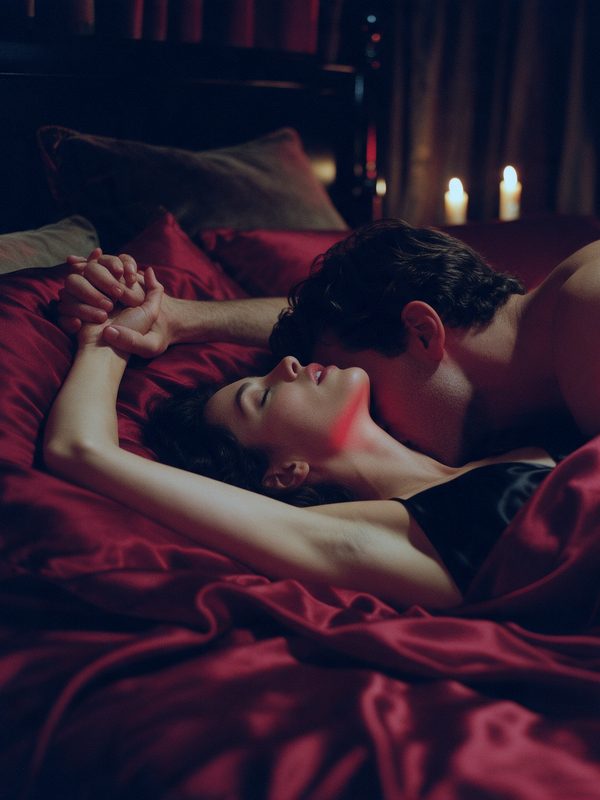 Couple in bed, him kissing her neck