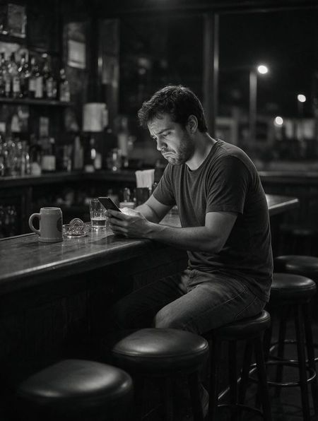 Man alone at a bar looking at his phone